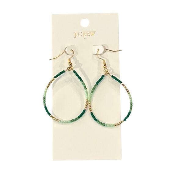 NWT J. Crew Green & Gold Beaded Boho/Festival Hoop Earrings - Picture 3 of 8
